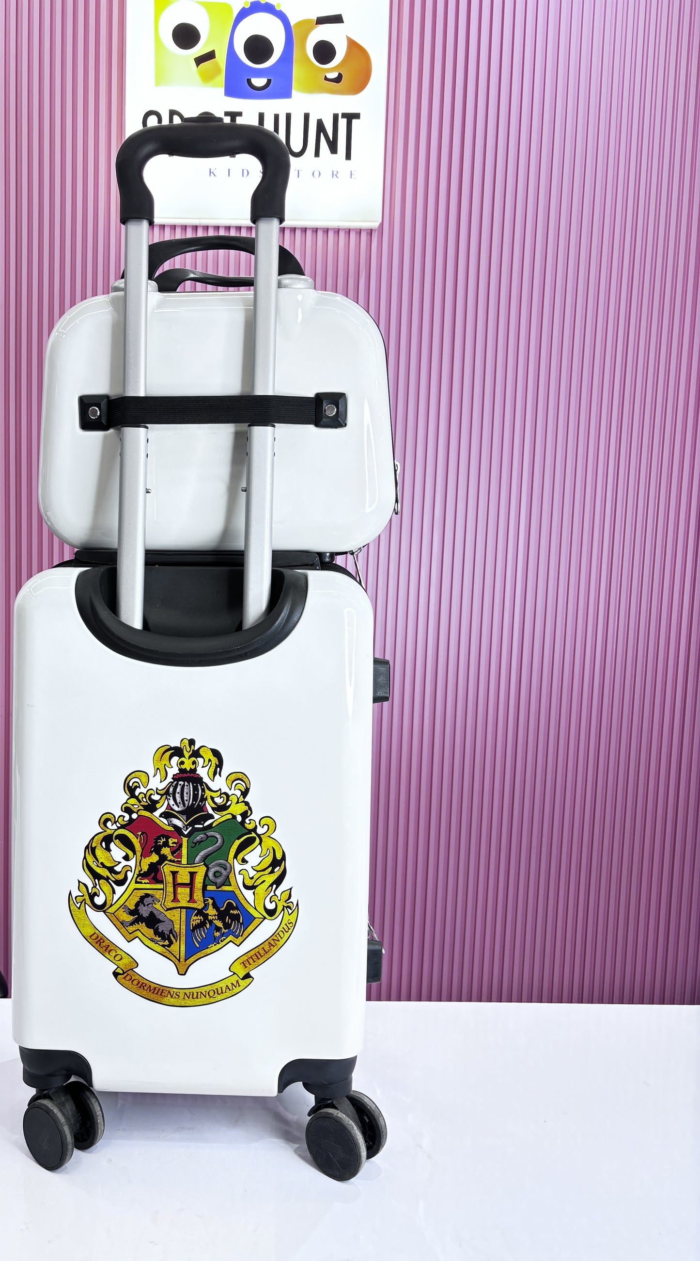 Assorted kids character luggage sets with matching vanity cases in multiple cartoon designs.