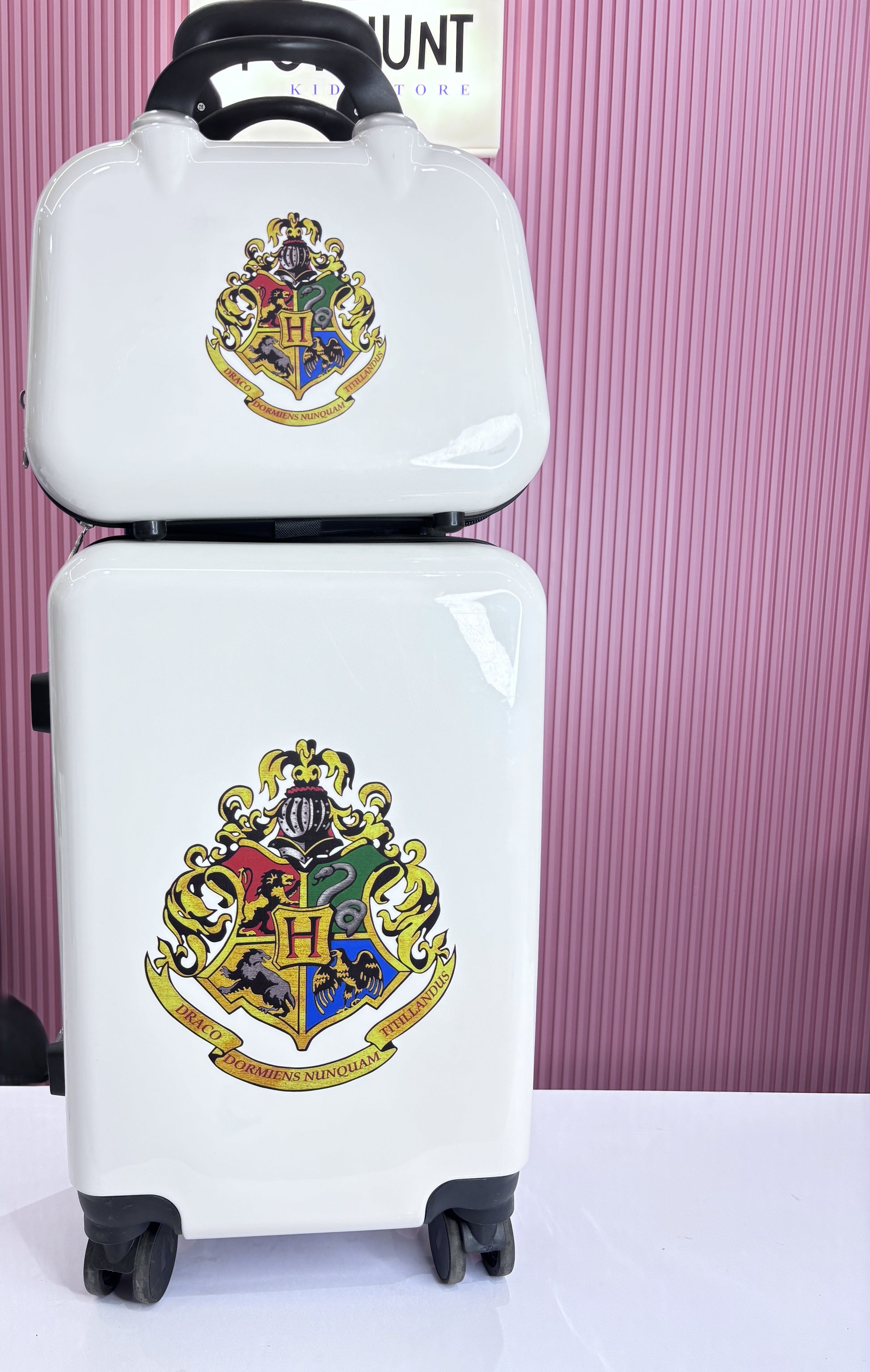 Assorted kids character luggage sets with matching vanity cases in multiple cartoon designs.