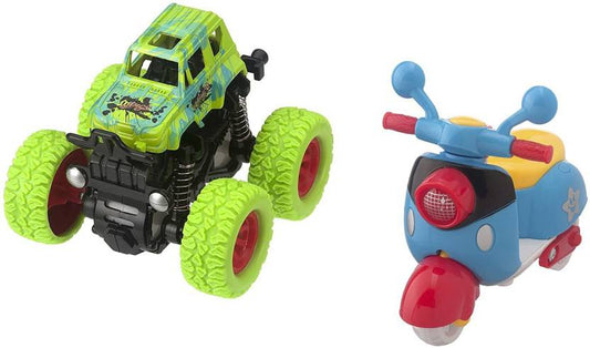 Pack of 2 Friction Vehicle Toys for Toddlers, Boys, Girls, Baby Toys Birthday Gift for 3,4,5,6,7 Year old kids ( Push & Go Green-Mini Monster Truck AND Press & Mini Scootrer Toy) (set of 2 toys)  (Green,Blue, Pack of: 2)