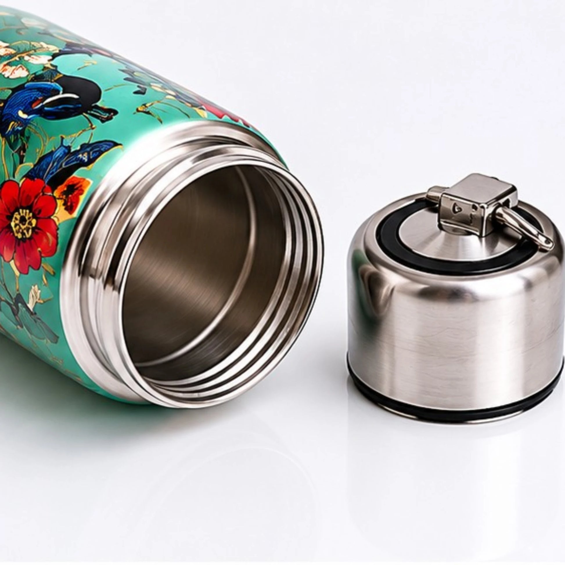 Premium insulated stainless steel water bottle with artistic bird and butterfly print design.