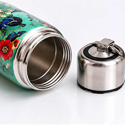 Premium insulated stainless steel water bottle with artistic bird and butterfly print design.