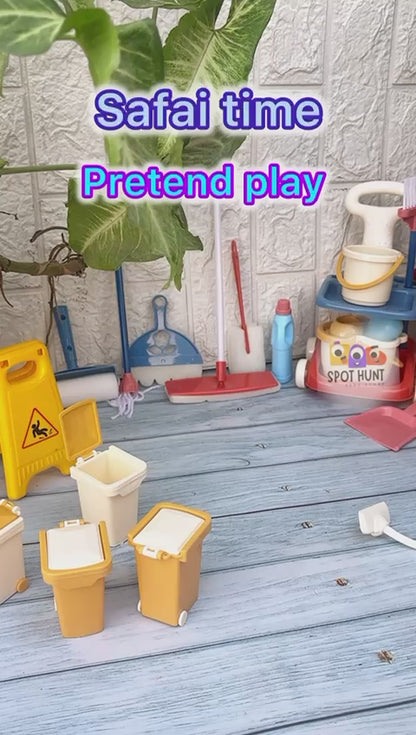 24 Pcs Kids Cleaning Mini Set - Toy Cleaning Set Includes Vacume, Broom, Mop, Brush, Dust Pan, Duster, Sponge, Bucket, Caution Sign, Trash Can - Toy Kitchen Toddler Cleaning Set