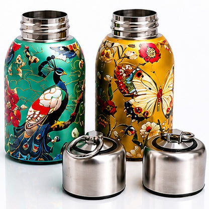 Premium insulated stainless steel water bottle with artistic bird and butterfly print design