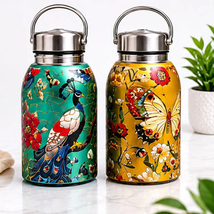 Premium insulated stainless steel water bottle with artistic bird and butterfly print design.