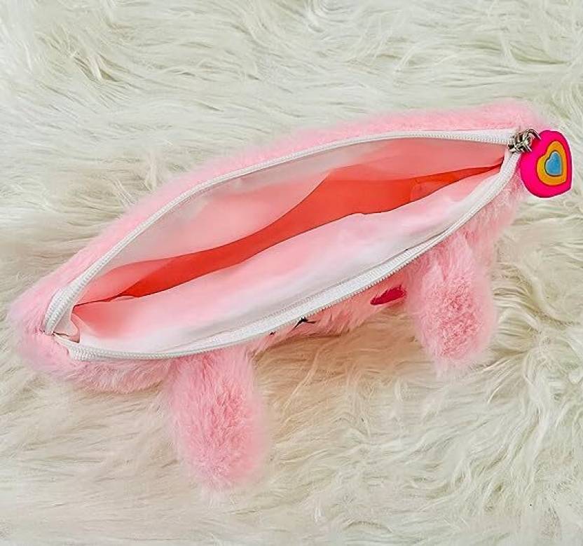 Rabbit Fur Pencil Pouch Cute Soft Rabbit Face Pencil Pouch Geometry Box  (Pink)