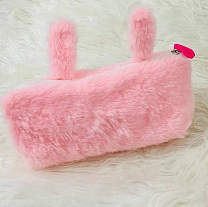 Rabbit Fur Pencil Pouch Cute Soft Rabbit Face Pencil Pouch Geometry Box  (Pink)