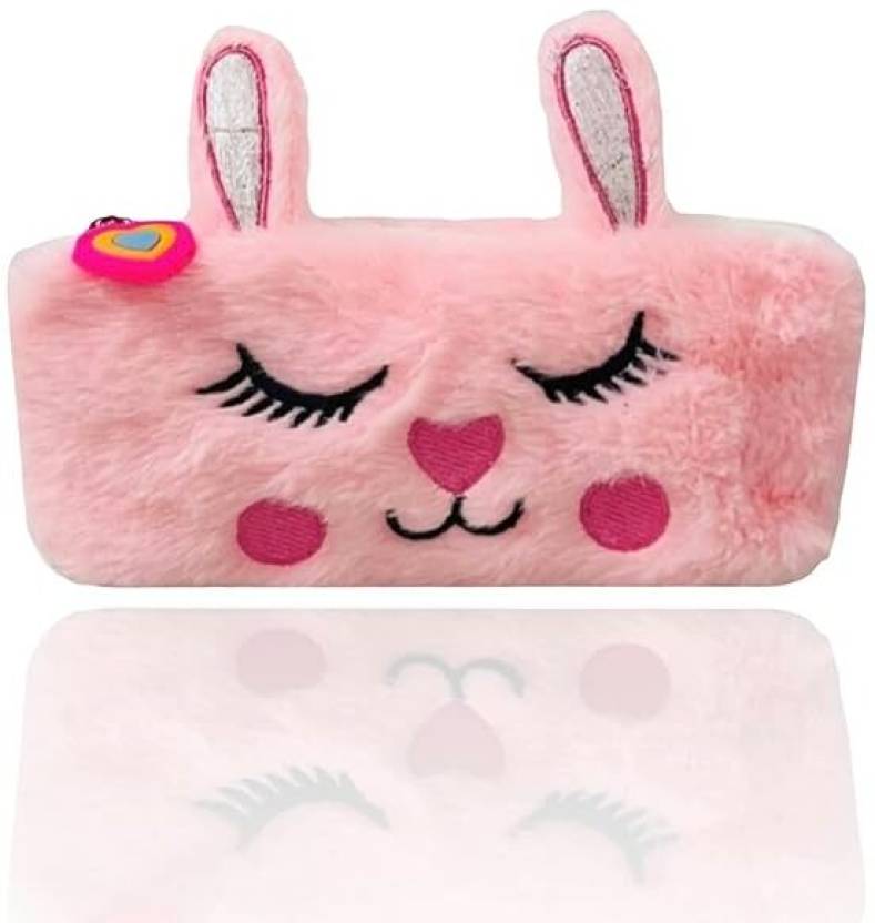 Rabbit Fur Pencil Pouch Cute Soft Rabbit Face Pencil Pouch Geometry Box  (Pink)