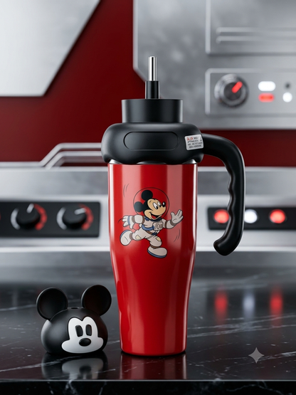 Mickey Mouse Style Stainless Steel Tumbler with Straw & Handle – Premium Red Cartoon Travel Cup for Kids & Adults