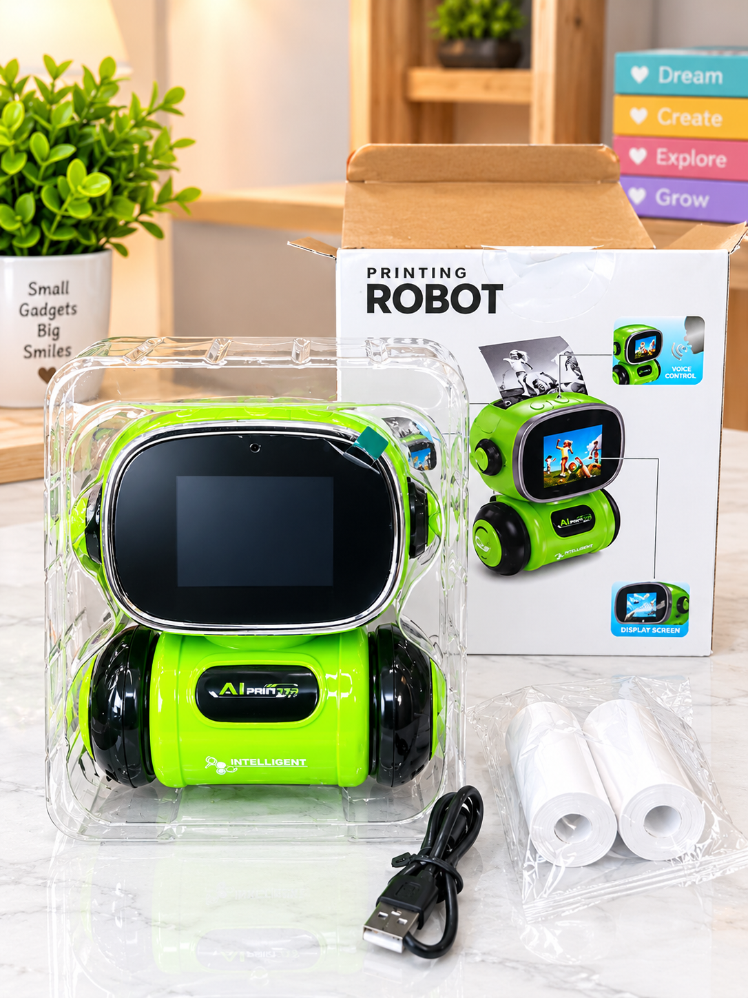 Interactive Smart AI Printing Robot Toy with Voice Control & Display Screen