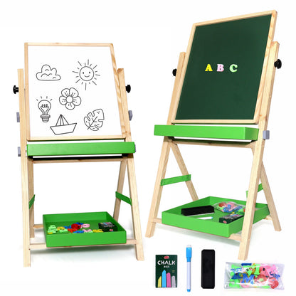 Double-Sided Wooden Kids Standing Art Easel with Blackboard, Whiteboard, and Accessories Set 