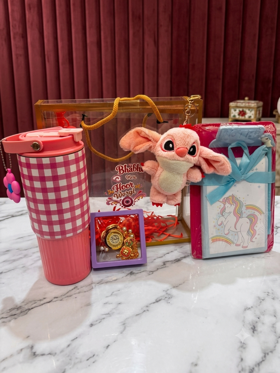Premium Girls Rakhi Gift Hamper | Pink Tumbler, Unicorn Diary Set, Plush Keychain, Bracelet Watch & Luxury Gift Box | Birthday & Festive Gift