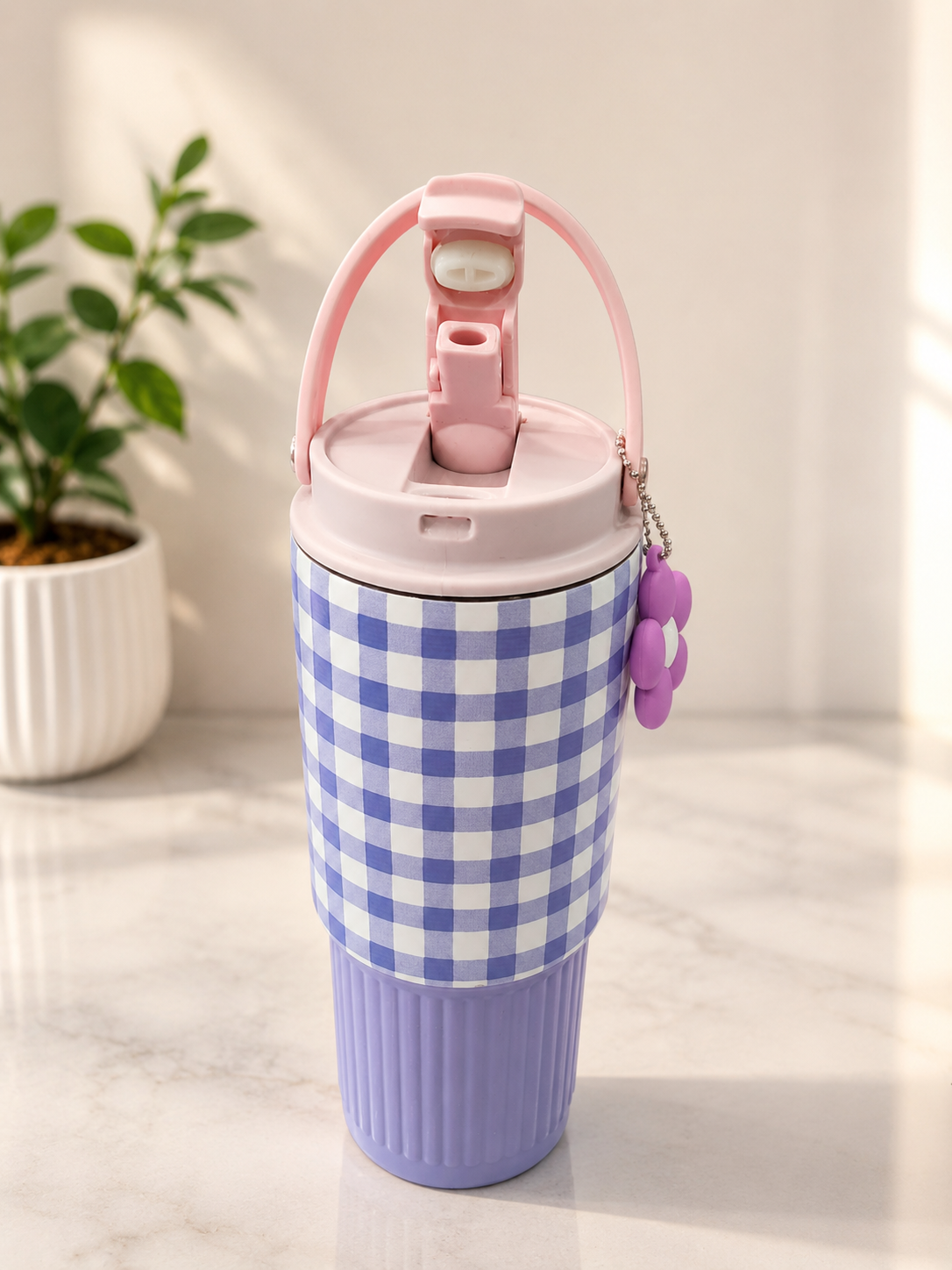 Premium Checkered Stainless Steel Insulated Tumbler with Handle, Straw & Cute Flower 
Premium Checkered Stainless Steel Insulated Tumbler with Handle, Straw & Cute Flower Charm