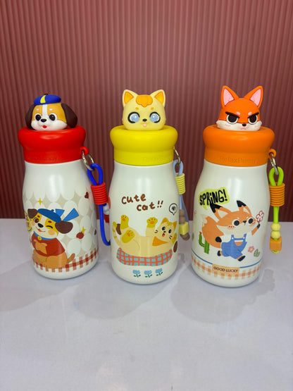 Cute Cartoon Animal Kids Stainless Steel Insulated Water Bottle with Straw, 3D Character Lid & Carry Handle – Hot & Cold Flask for School, Travel & Outdoor Use