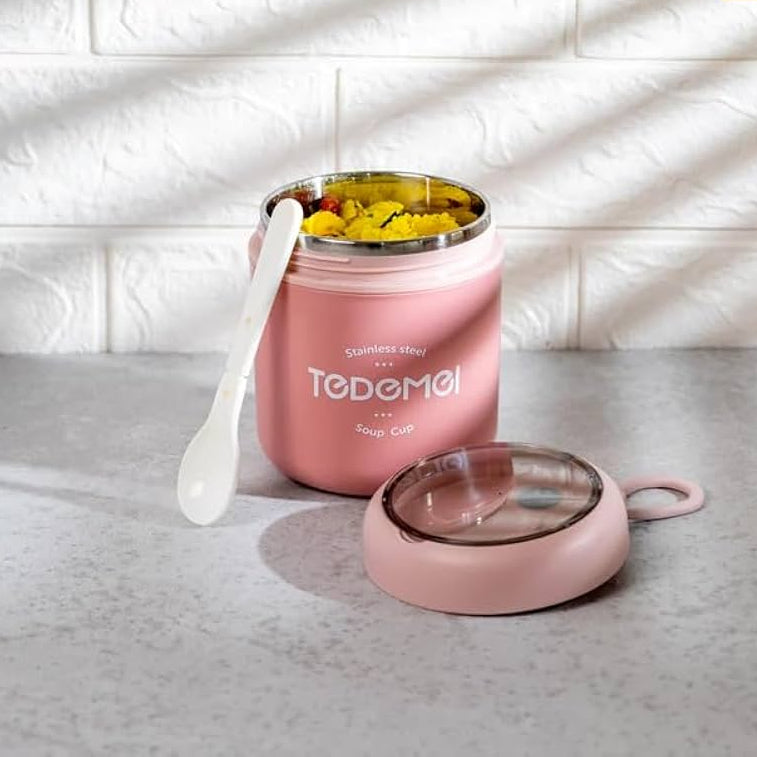 Pink Floral Print Insulated Lunch Box with Gift Tag - "Simple Joys, Warm Hearts" Stackable Tiffin Box