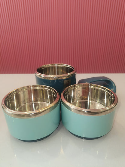 3-Tier Stainless Steel Insulated Lunch Box with Carry Handle - Stackable Tiffin Set (Teal/Navy)
