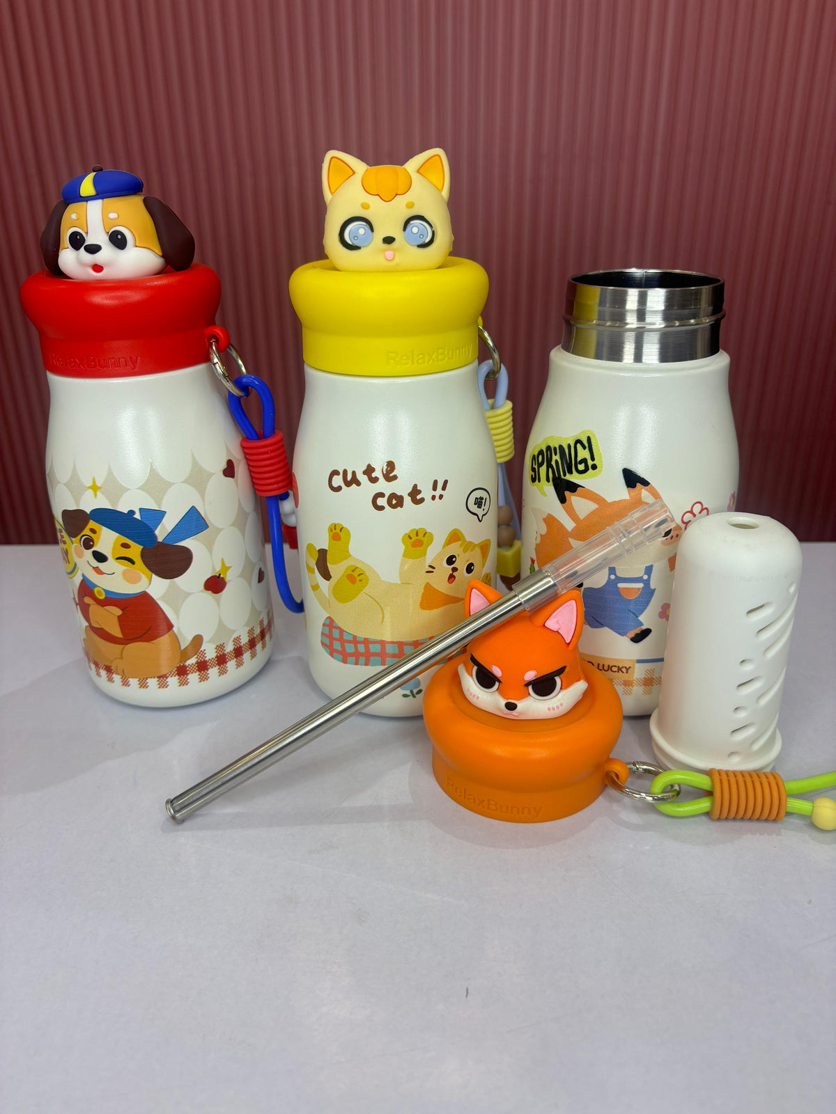 Cute Cartoon Animal Kids Stainless Steel Insulated Water Bottle with Straw, 3D Character Lid & Carry Handle – Hot & Cold Flask for School, Travel & Outdoor Use