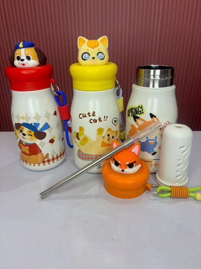 Cute Cartoon Animal Kids Stainless Steel Insulated Water Bottle with Straw, 3D Character Lid & Carry Handle – Hot & Cold Flask for School, Travel & Outdoor Use