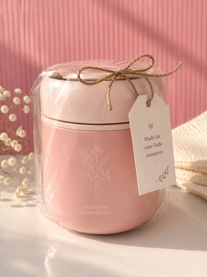 Pink Floral Print Insulated Lunch Box with Gift Tag - "Simple Joys, Warm Hearts" Stackable Tiffin Box