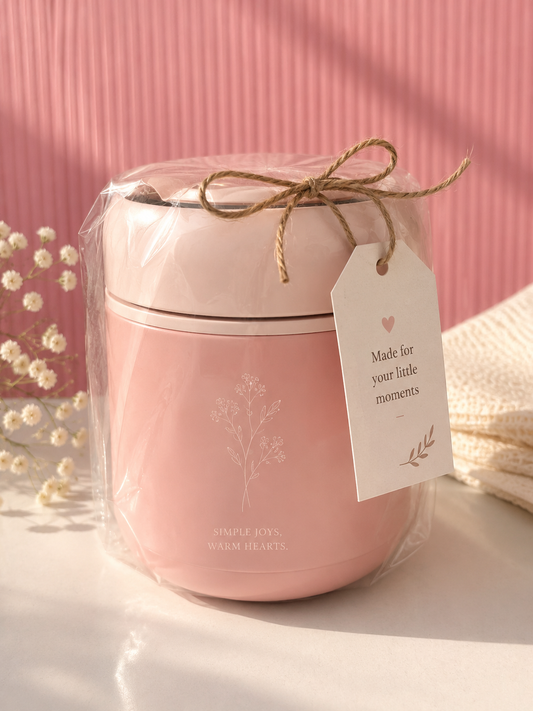 Pink Floral Print Insulated Lunch Box with Gift Tag - "Simple Joys, Warm Hearts" Stackable Tiffin Box