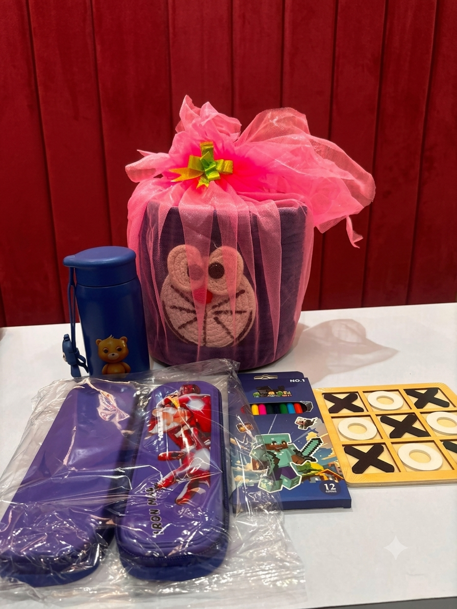Premium Kids Gift Hamper | Teddy Bottle, Doraemon Storage Basket, Iron Man Pencil Case, Art Kit & Wooden Tic Tac Toe Game | Birthday Return Gift for Boys