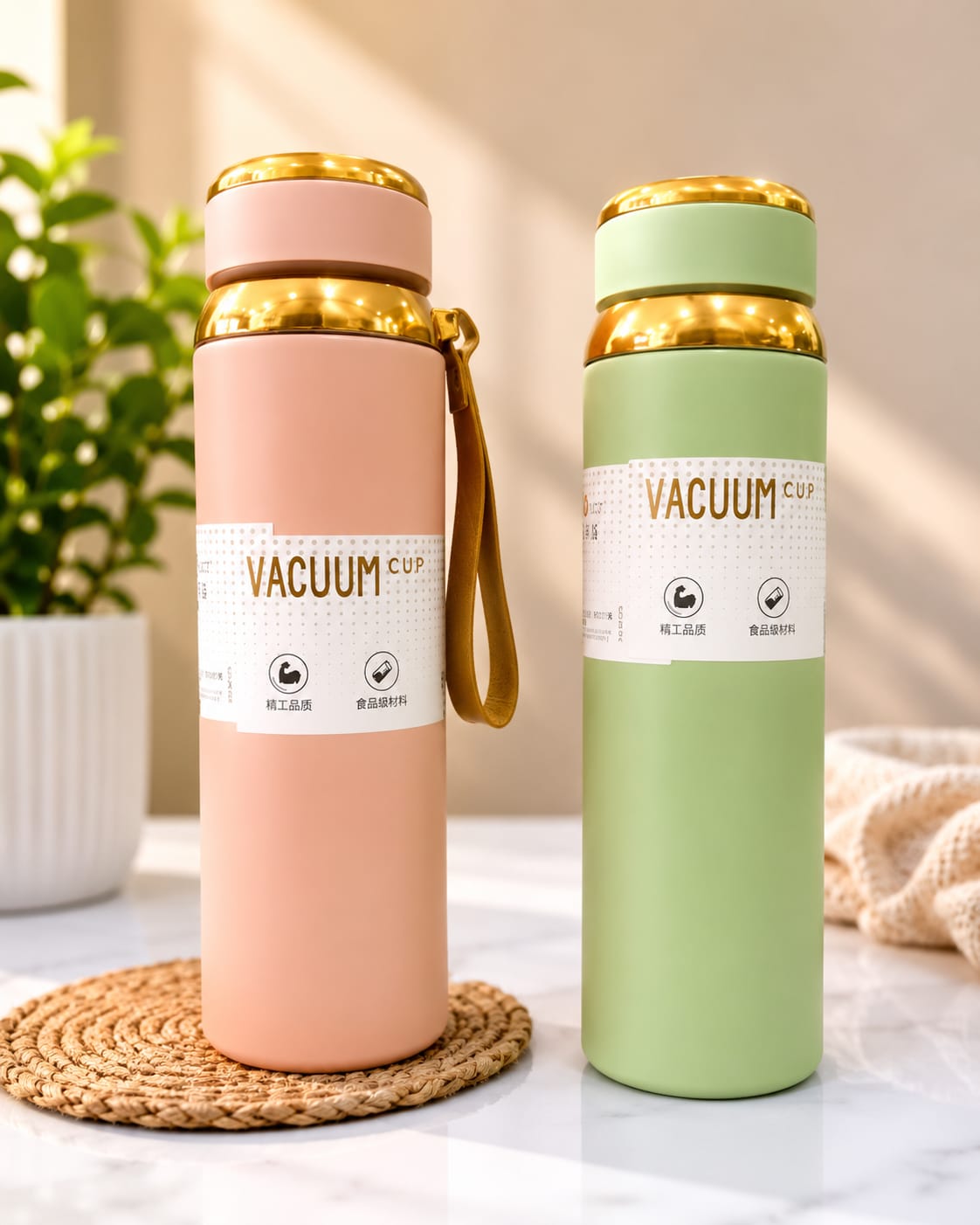 Stainless Steel Vacuum Insulated Water Bottle with Leather Strap - Double Wall Thermos Flask for Hot & Cold Drinks