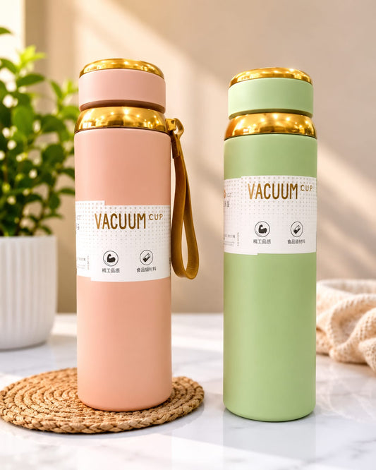 Stainless Steel Vacuum Insulated Water Bottle with Leather Strap - Double Wall Thermos Flask for Hot & Cold Drinks