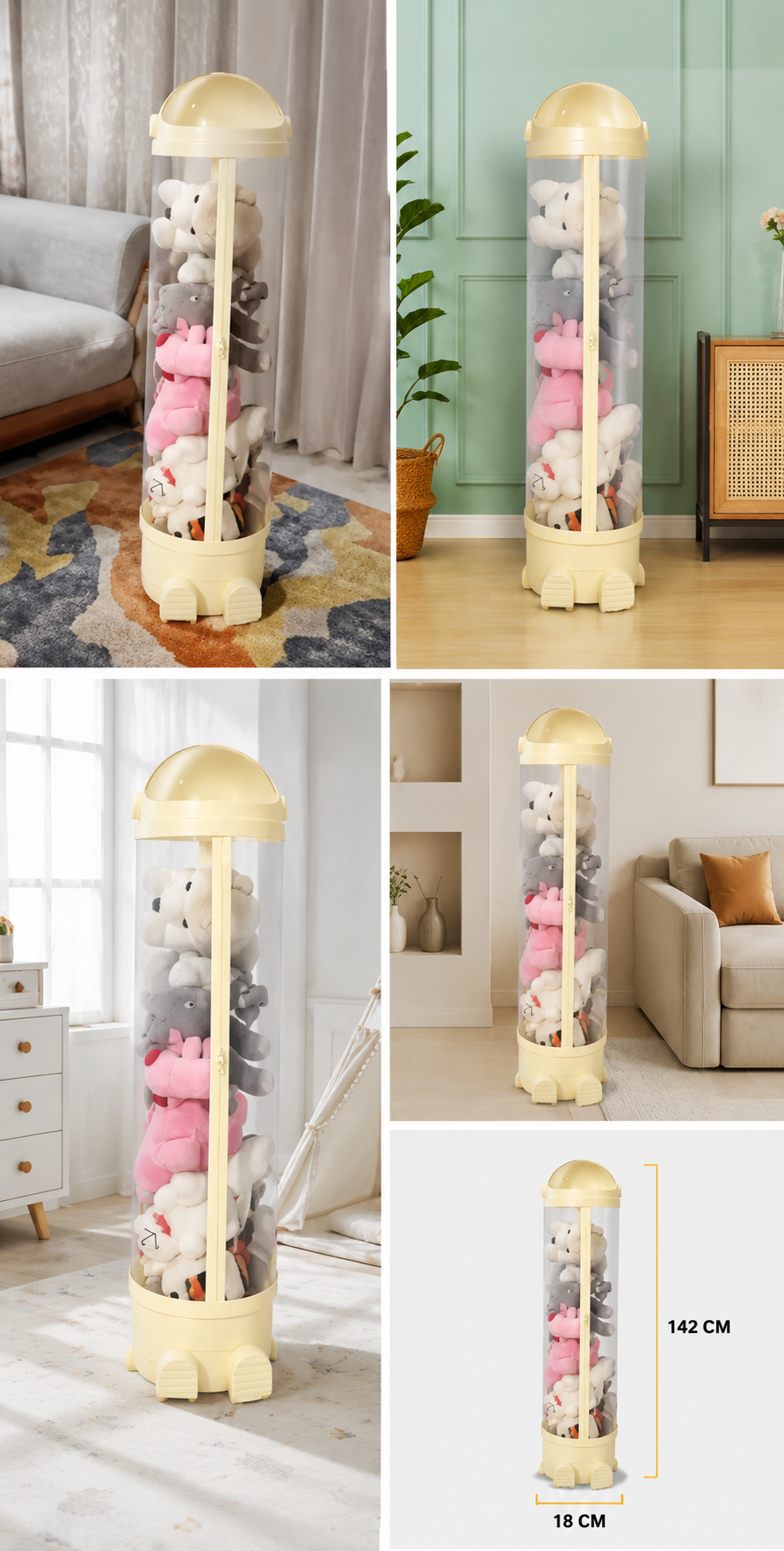 Large Capacity Plush Storage Box | Transparent Cylindrical Shape soft toy  Storage Bucket | Organize Your Puppet with Dust Proof Zipper, No Light Display