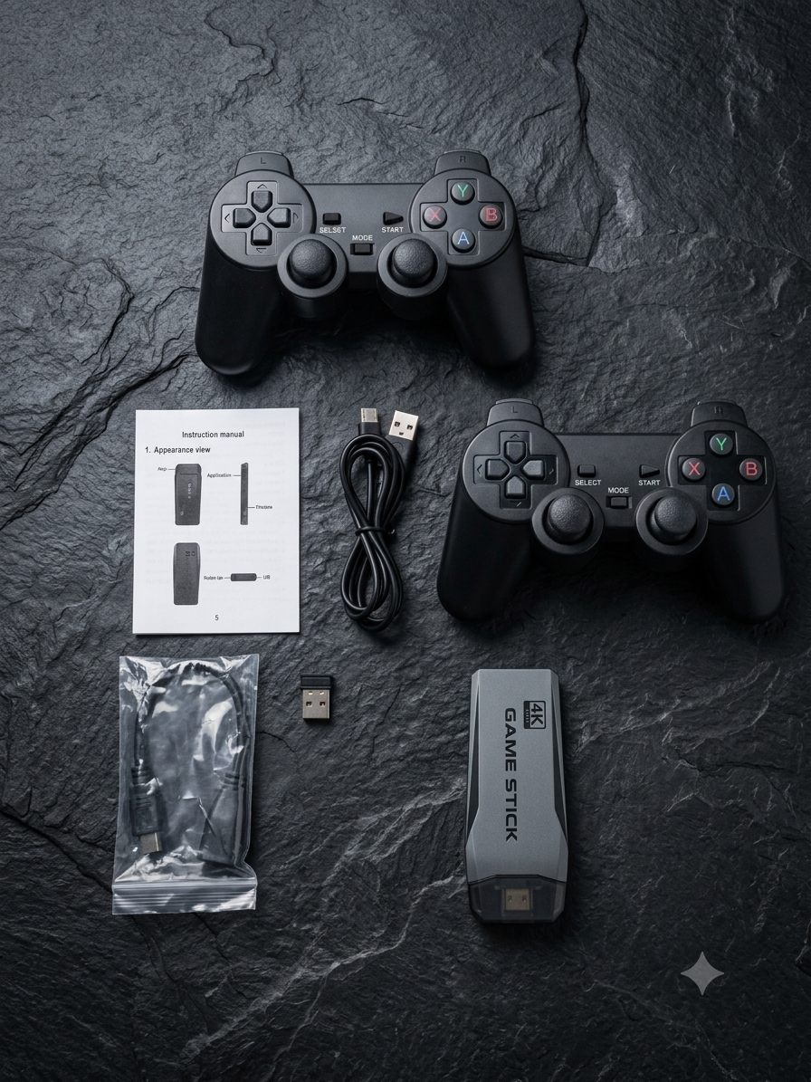 4K Ultra HD Game Stick with 2 Wireless Controllers, Double Player Support, Cable-Free Gaming