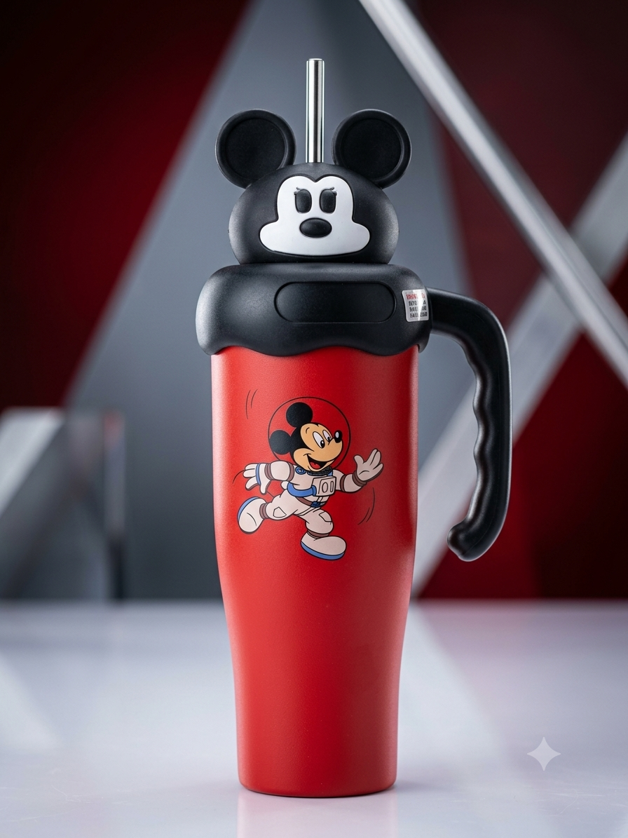 Mickey Mouse Style Stainless Steel Tumbler with Straw & Handle – Premium Red Cartoon Travel Cup for Kids & Adults