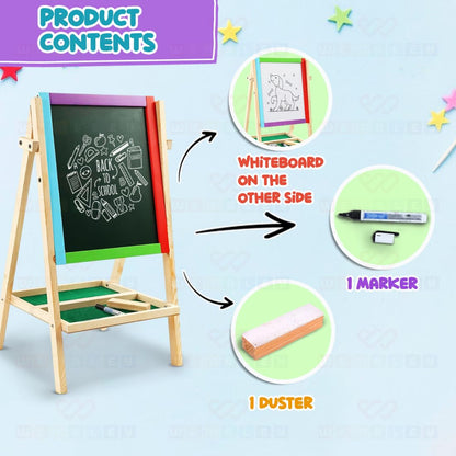 Double-Sided Wooden Kids Standing Art Easel with Blackboard, Whiteboard, and Accessories Set 