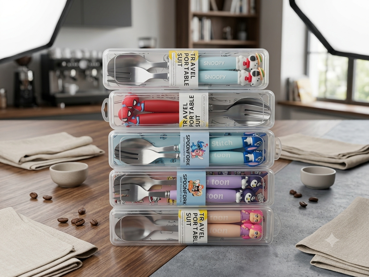 Stainless Steel Cartoon Spoon and Fork Set for Kids – Travel-Friendly Cutlery Box
