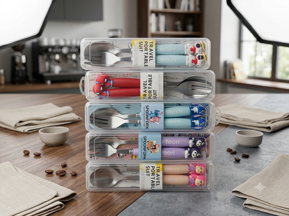 Stainless Steel Cartoon Spoon and Fork Set for Kids – Travel-Friendly Cutlery Box