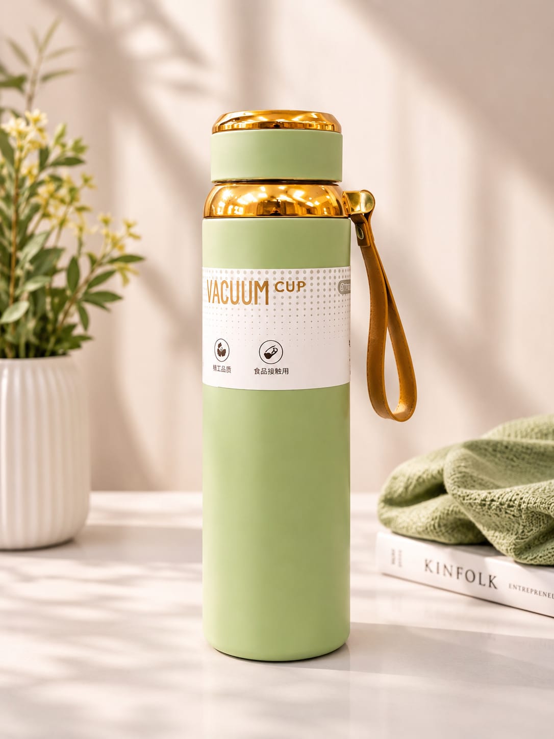 Stainless Steel Vacuum Insulated Water Bottle with Leather Strap - Double Wall Thermos Flask for Hot & Cold Drinks