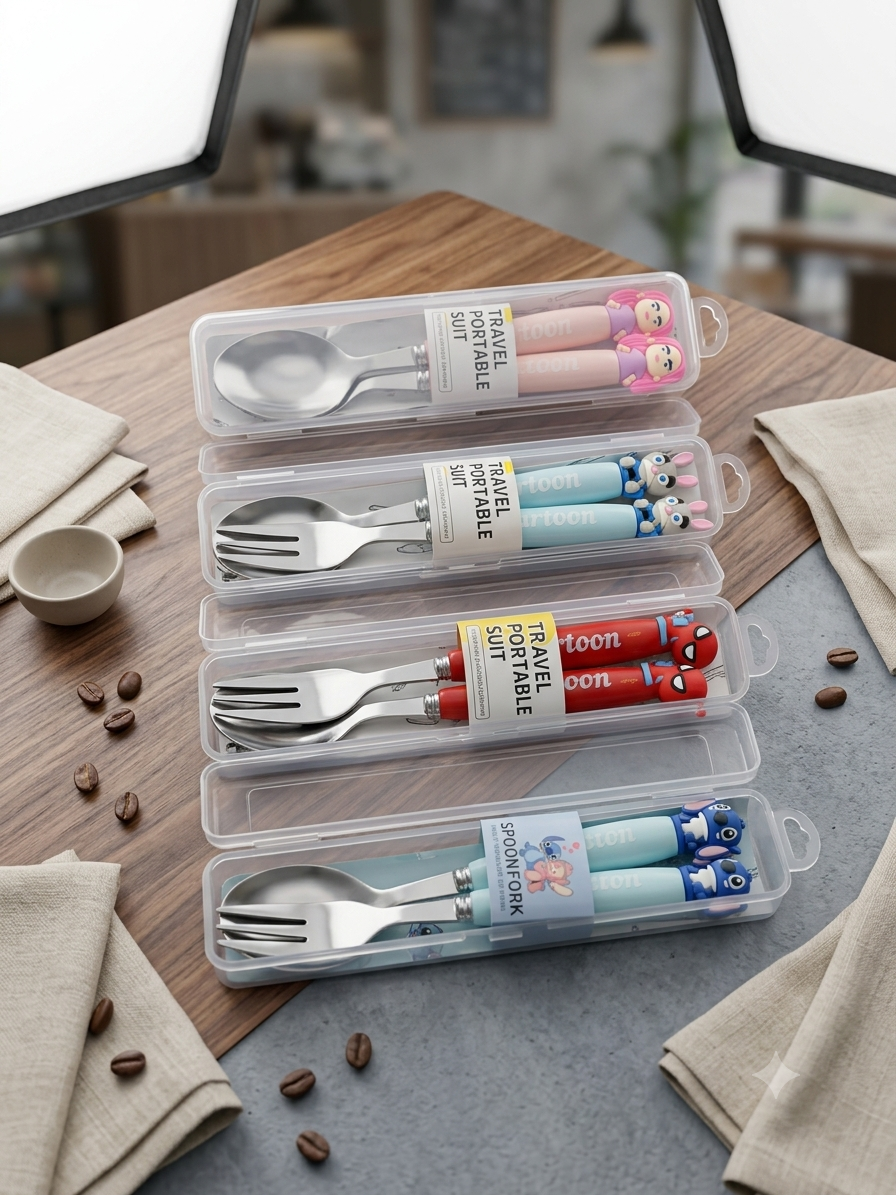 Stainless Steel Cartoon Spoon and Fork Set for Kids – Travel-Friendly Cutlery Box