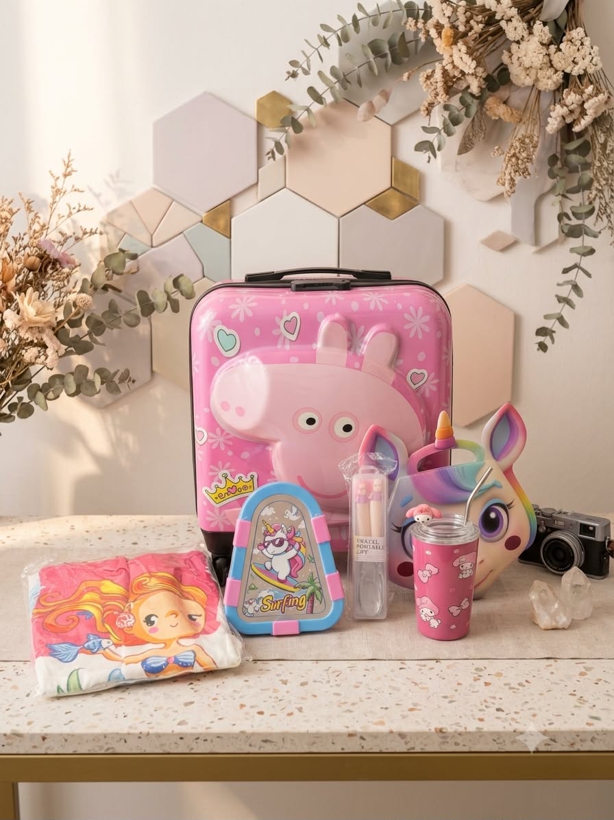 Kids Cartoon Travel & Gift Combo Set (Includes Peppa Pig Trolley Bag, Unicorn 3D Pouch, Tumbler with Straw, Water Game & Accessories