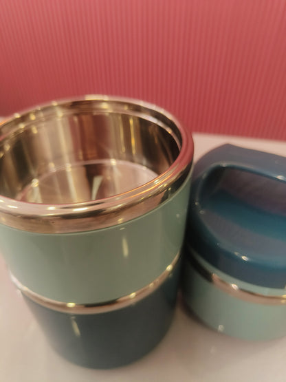 3-Tier Stainless Steel Insulated Lunch Box with Carry Handle - Stackable Tiffin Set (Teal/Navy)