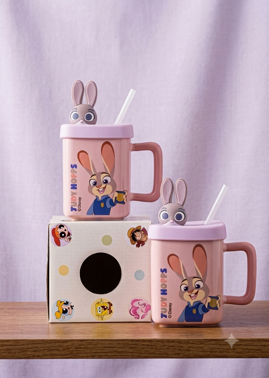 Cute Judy Hopps Ceramic Mug Set with Lid, Straw & 3D Bunny Figurine