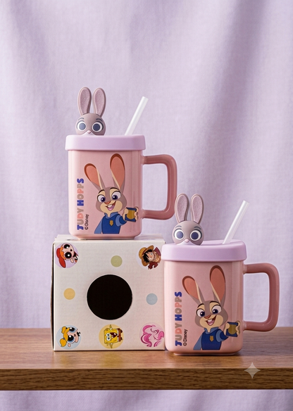 Cute Judy Hopps Ceramic Mug Set with Lid, Straw & 3D Bunny Figurine