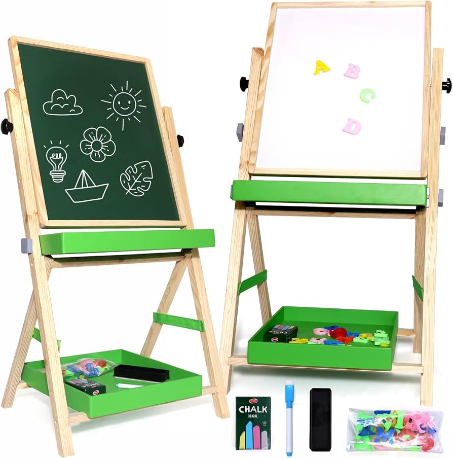 Double-Sided Wooden Kids Standing Art Easel with Blackboard, Whiteboard, and Accessories Set 