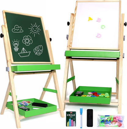 Double-Sided Wooden Kids Standing Art Easel with Blackboard, Whiteboard, and Accessories Set 