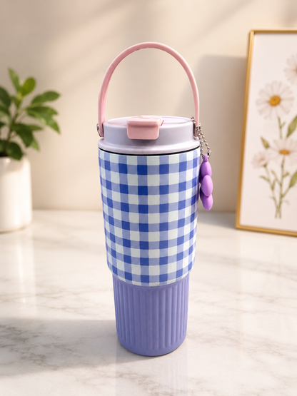 Premium Checkered Stainless Steel Insulated Tumbler with Handle, Straw & Cute Flower 
Premium Checkered Stainless Steel Insulated Tumbler with Handle, Straw & Cute Flower Charm