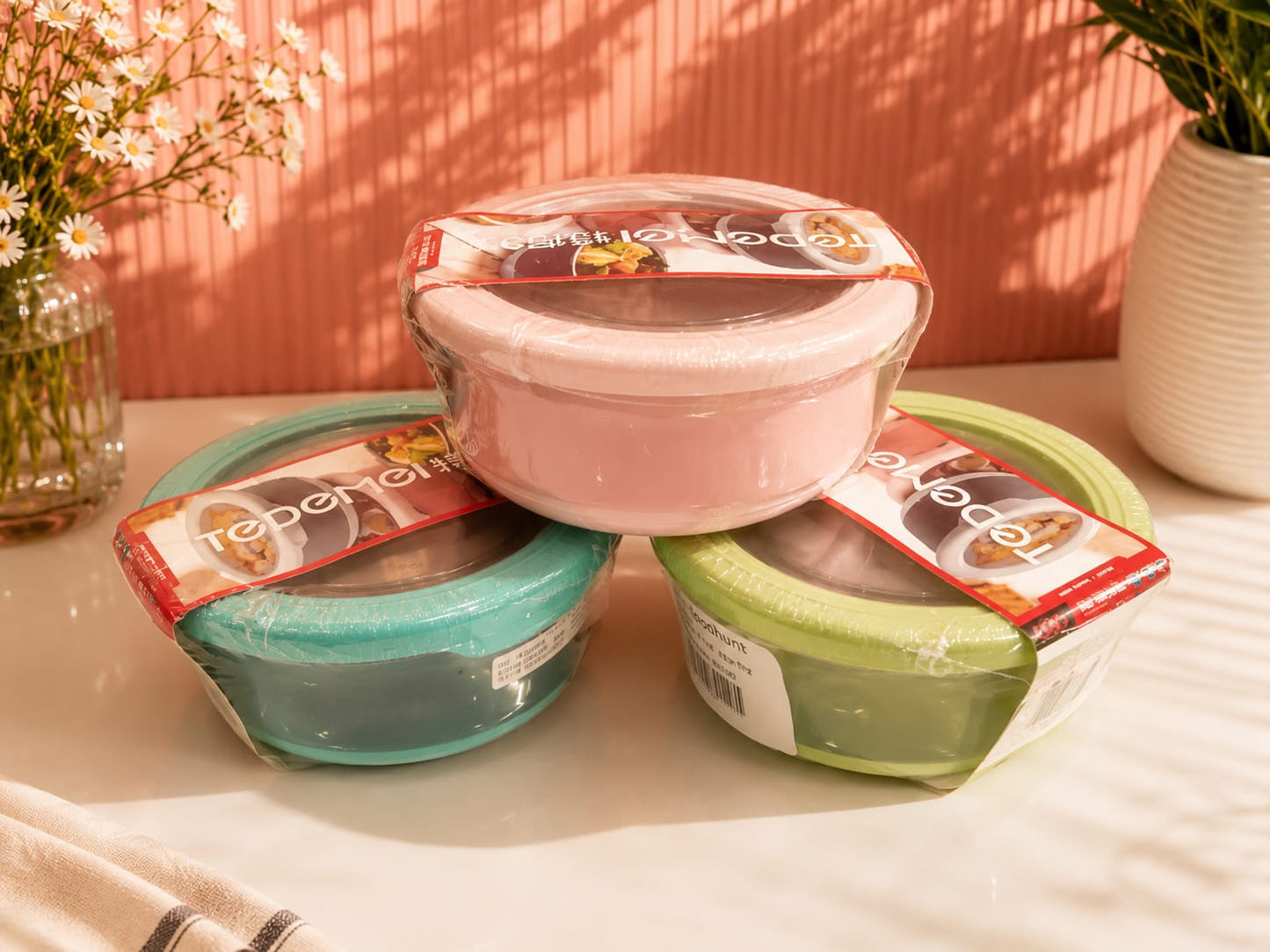 TEDEMEI Round Food Storage Bowl with Airtight Clear Lid – Fresh Keeping Container | Pink, Green & Blue