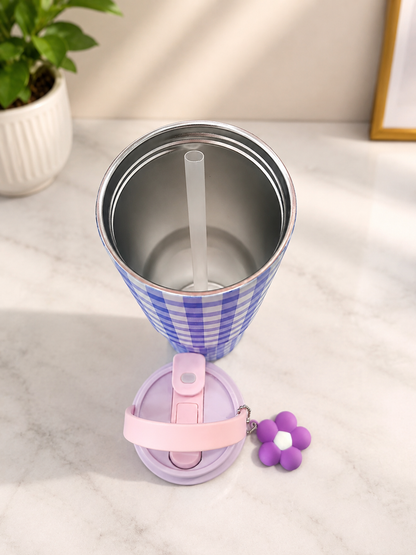 Premium Checkered Stainless Steel Insulated Tumbler with Handle, Straw & Cute Flower 
Premium Checkered Stainless Steel Insulated Tumbler with Handle, Straw & Cute Flower Charm