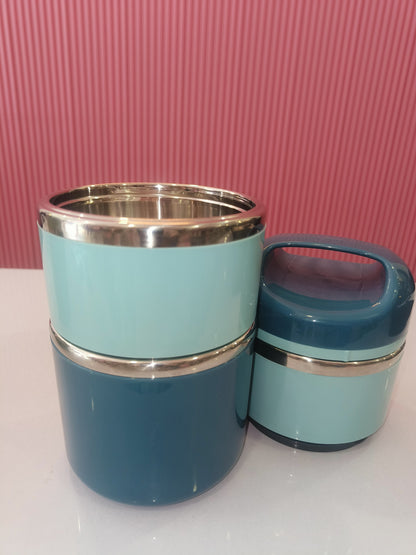 3-Tier Stainless Steel Insulated Lunch Box with Carry Handle - Stackable Tiffin Set (Teal/Navy)