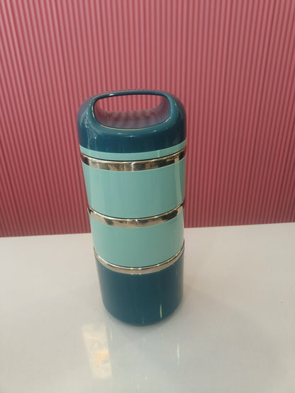 3-Tier Stainless Steel Insulated Lunch Box with Carry Handle - Stackable Tiffin Set (Teal/Navy)