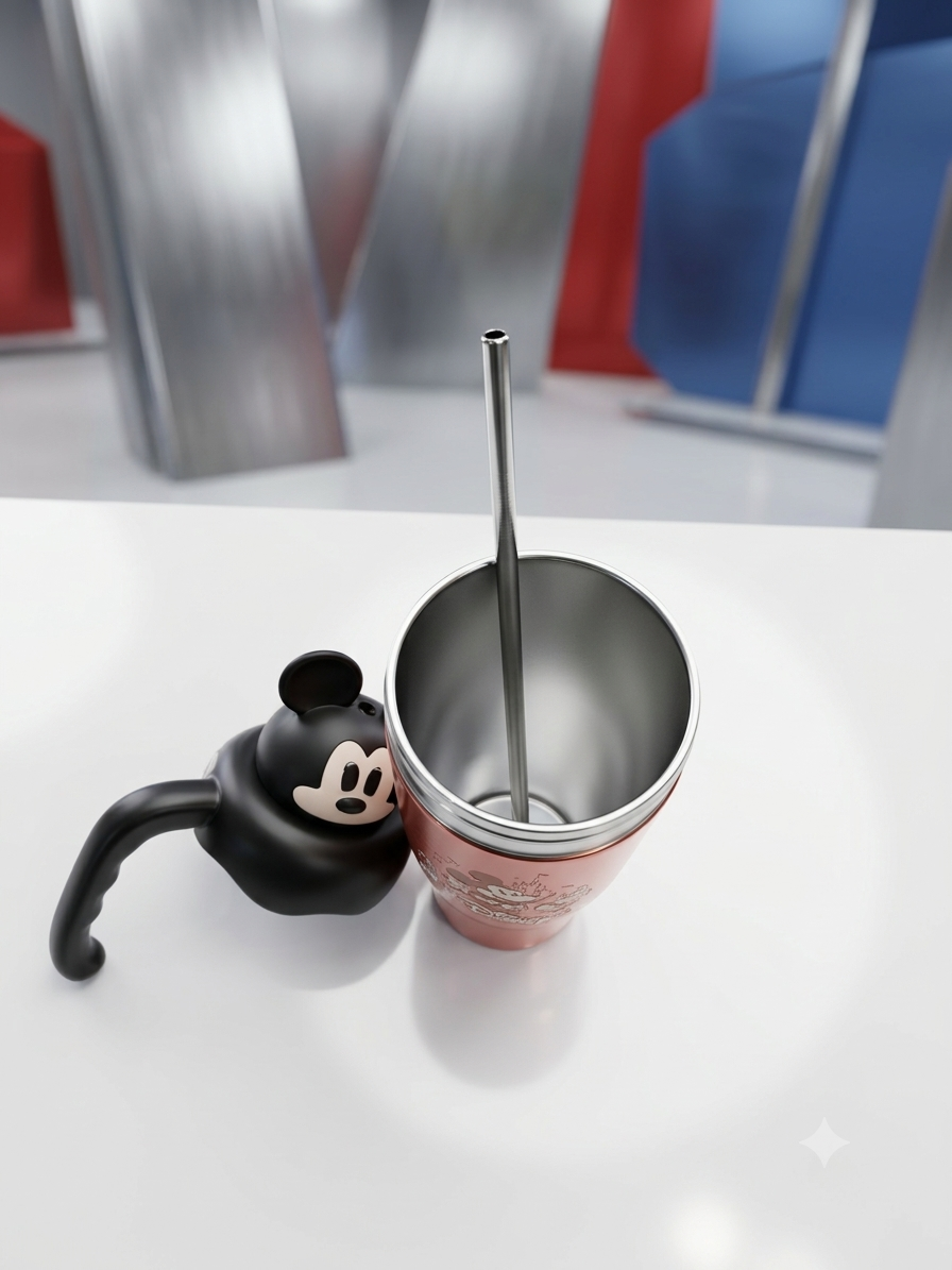Mickey Mouse Style Stainless Steel Tumbler with Straw & Handle – Premium Red Cartoon Travel Cup for Kids & Adults