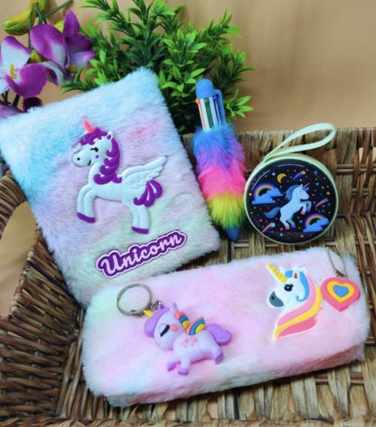 Unicorn Combo-5 Pcs A-6 Fur Diary/Fur Pouch/Pen/Eva coin pouch/Keychain Gift Set A6 Diary Ruled 80 Pages  (Multicolor, Pack of 7)