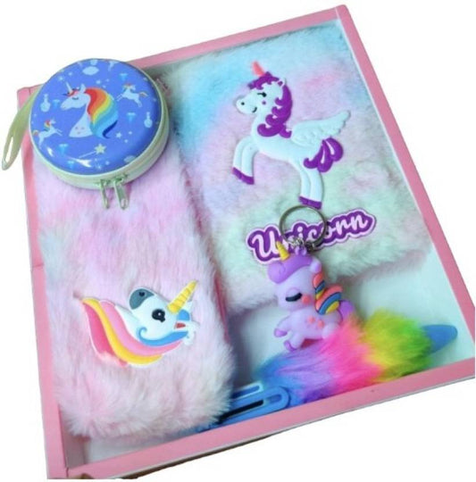 Unicorn Combo-5 Pcs A-6 Fur Diary/Fur Pouch/Pen/Eva coin pouch/Keychain Gift Set A6 Diary Ruled 80 Pages  (Multicolor, Pack of 7)