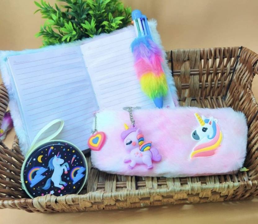 Unicorn Combo-5 Pcs A-6 Fur Diary/Fur Pouch/Pen/Eva coin pouch/Keychain Gift Set A6 Diary Ruled 80 Pages  (Multicolor, Pack of 7)