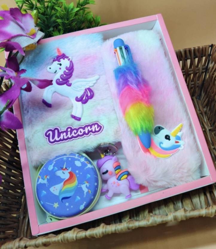 Unicorn Combo-5 Pcs A-6 Fur Diary/Fur Pouch/Pen/Eva coin pouch/Keychain Gift Set A6 Diary Ruled 80 Pages  (Multicolor, Pack of 7)